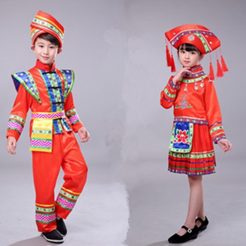 Chinese folk dance costumes for boy girls miao Hmong minority zhuang yi drama cosplay stage performance dresses